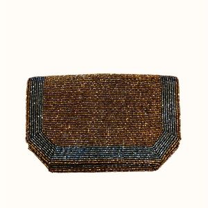 Walborg Caramel And Grey Beaded Clutch With Snake Chain